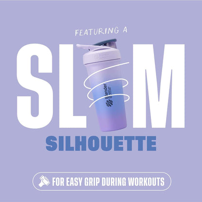 Shaker bottle with 'SLM' branding on a purple background