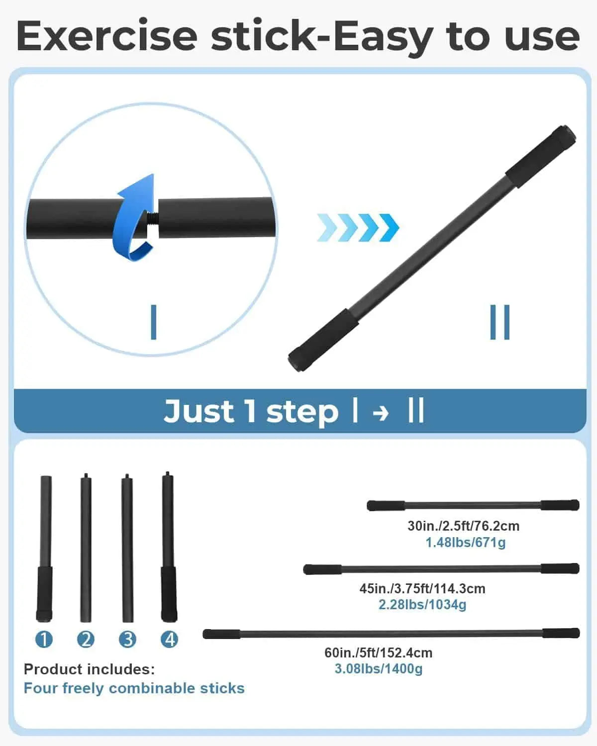 P Polerden Adjustable Yoga Stick – 5ft Sturdy Steel Stretch Stick with Non-Slip Ends P Polerden