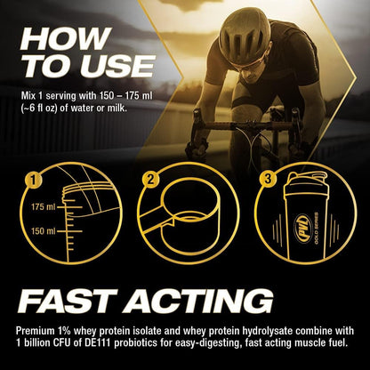 Instructions on how to use a protein supplement with a cyclist in the background.