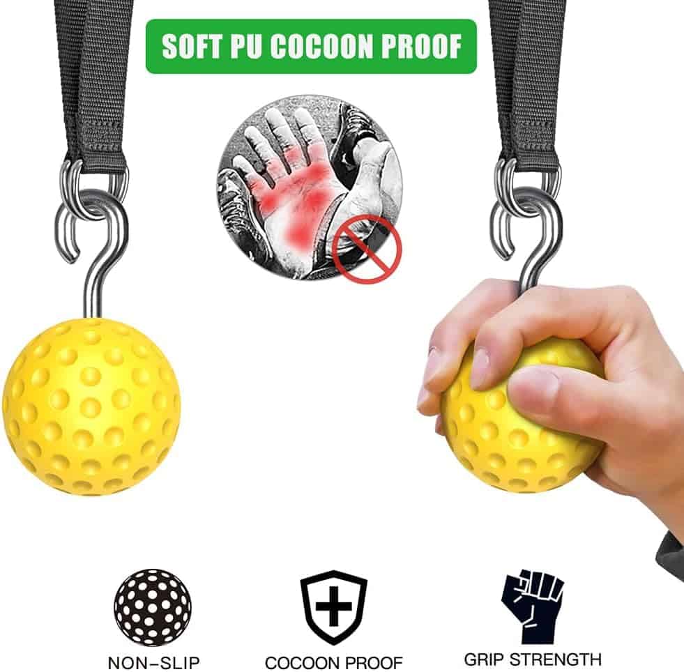 Yellow exercise ball with a handle, held by a hand, on a white background with text and icons indicating features.