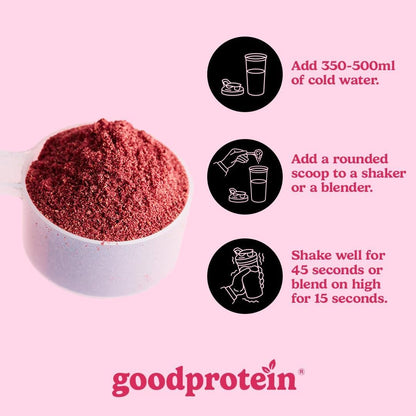 Good Protein powder in a measuring cup with instructions on a pink background