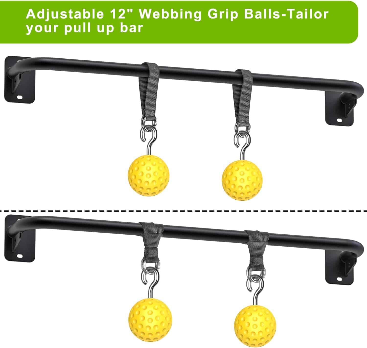 Adjustable 12" webbing grip balls with yellow balls on a black pull-up bar against a white background.