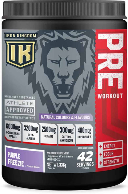 Iron Kingdom pre-workout supplement container with lion graphic and nutritional information.