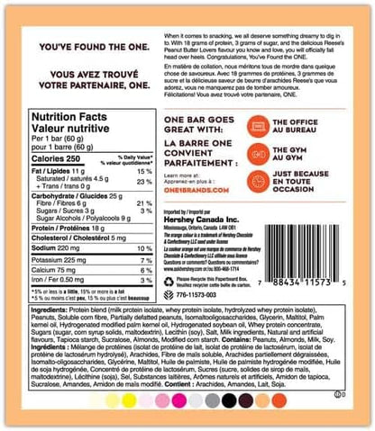ONE Protein Bars – Reese’s Peanut Butter Flavor – 18g Protein, 3g Sugar – Gluten-Free – 12 Pack x 60g