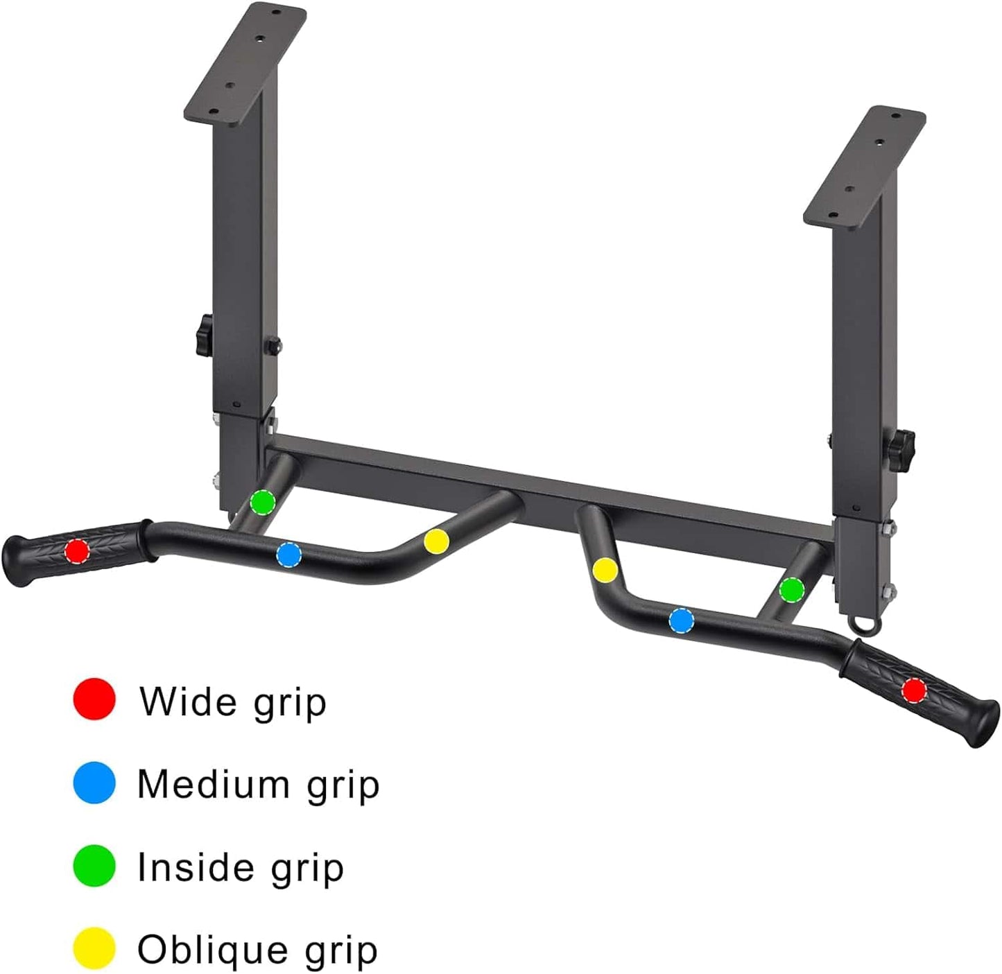 Black pull-up bar with labeled grips on a white background