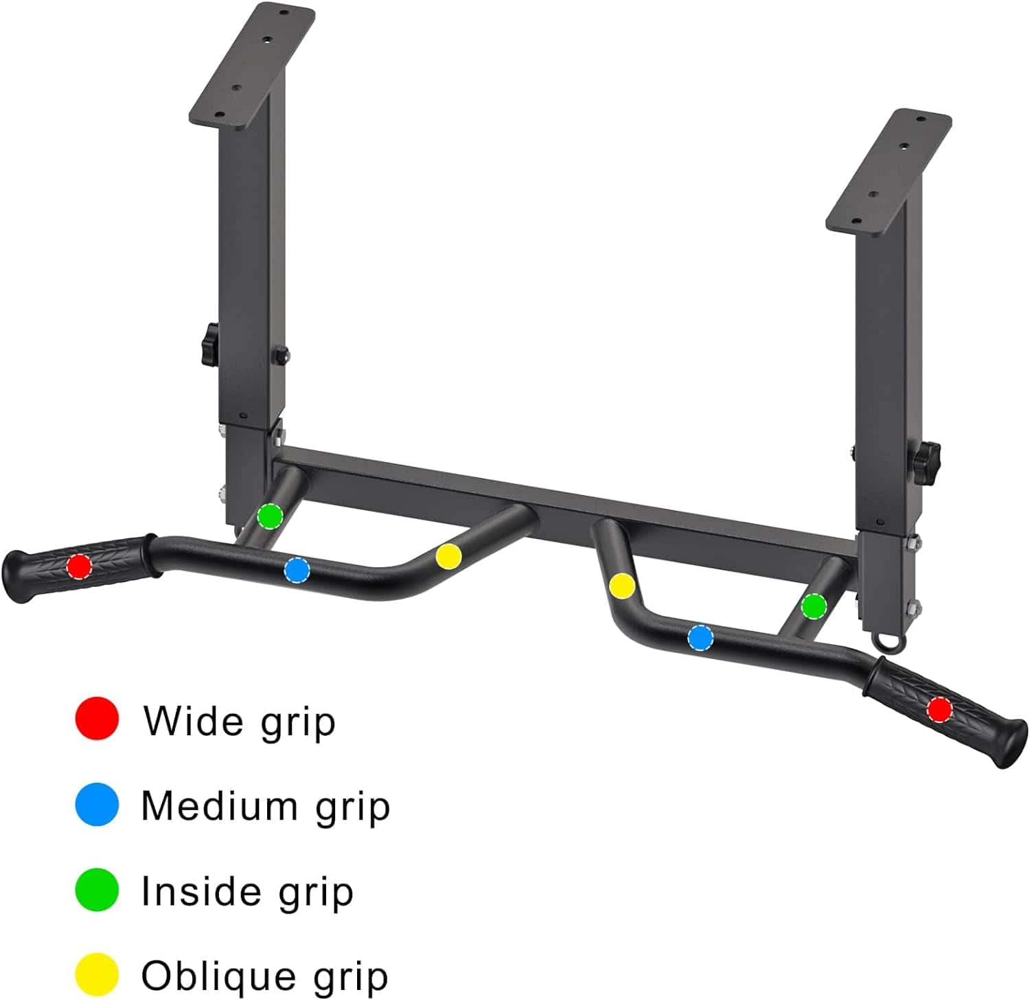 Black pull-up bar with labeled grips on a white background