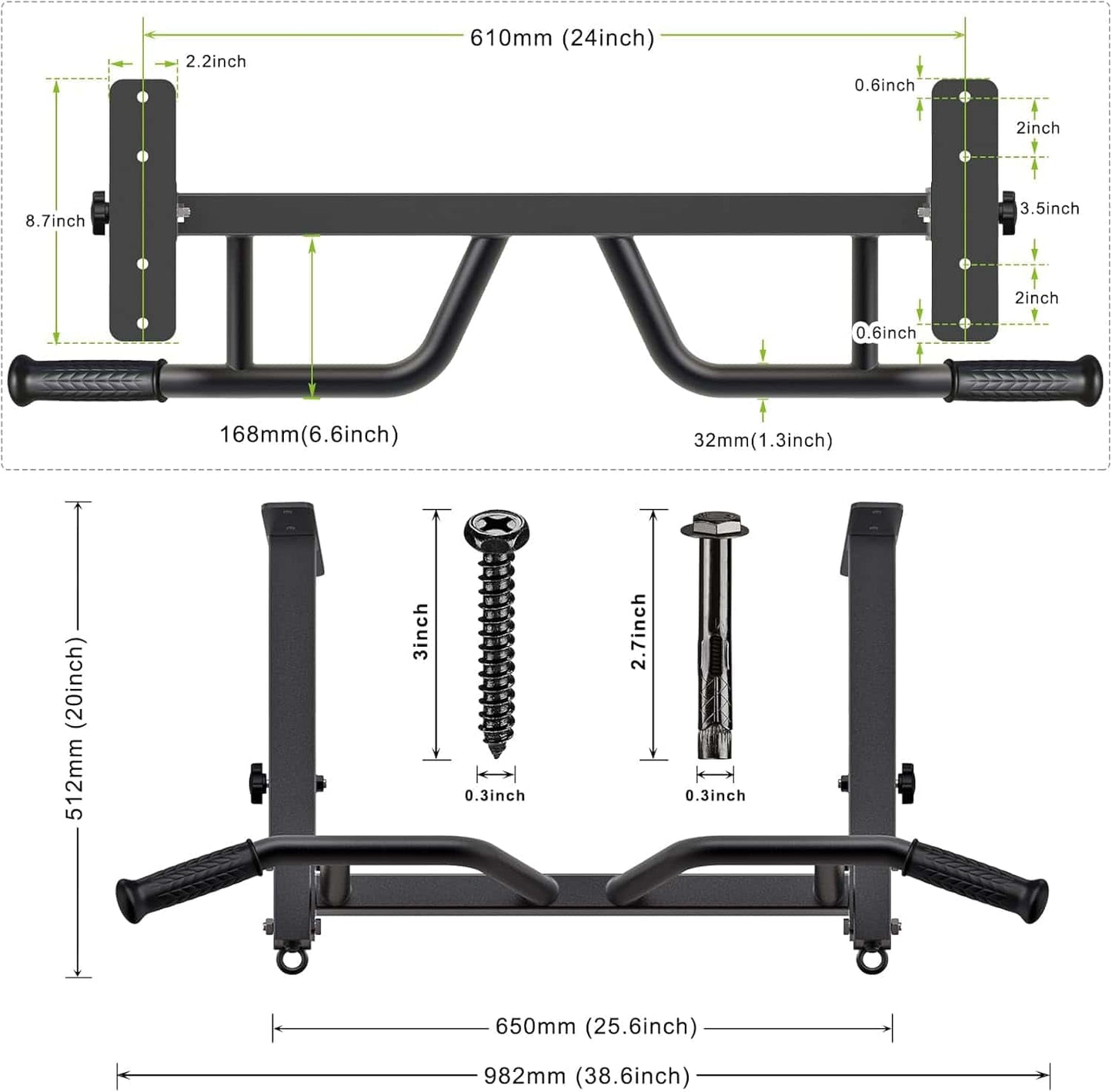 Measurement chart of a pull-up bar with dimensions labeled