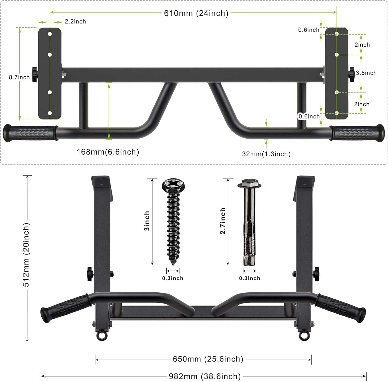 Measurement chart of a pull-up bar with dimensions labeled