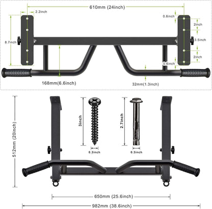 Measurement chart of a pull-up bar with dimensions labeled