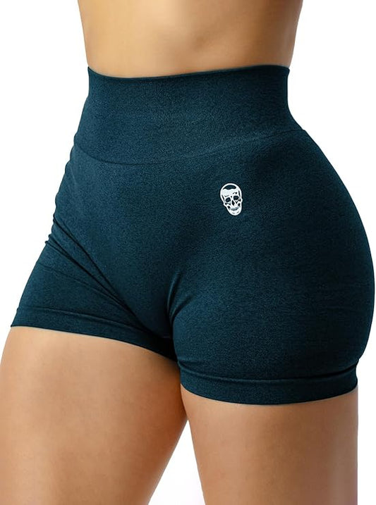 Dark green athletic shorts with a small white logo on a white background