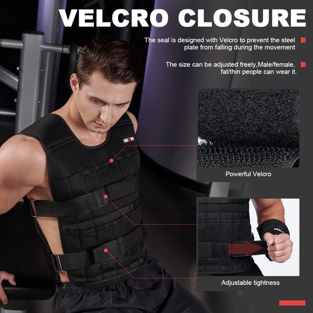 Person wearing a black weighted vest with Velcro closure features highlighted.