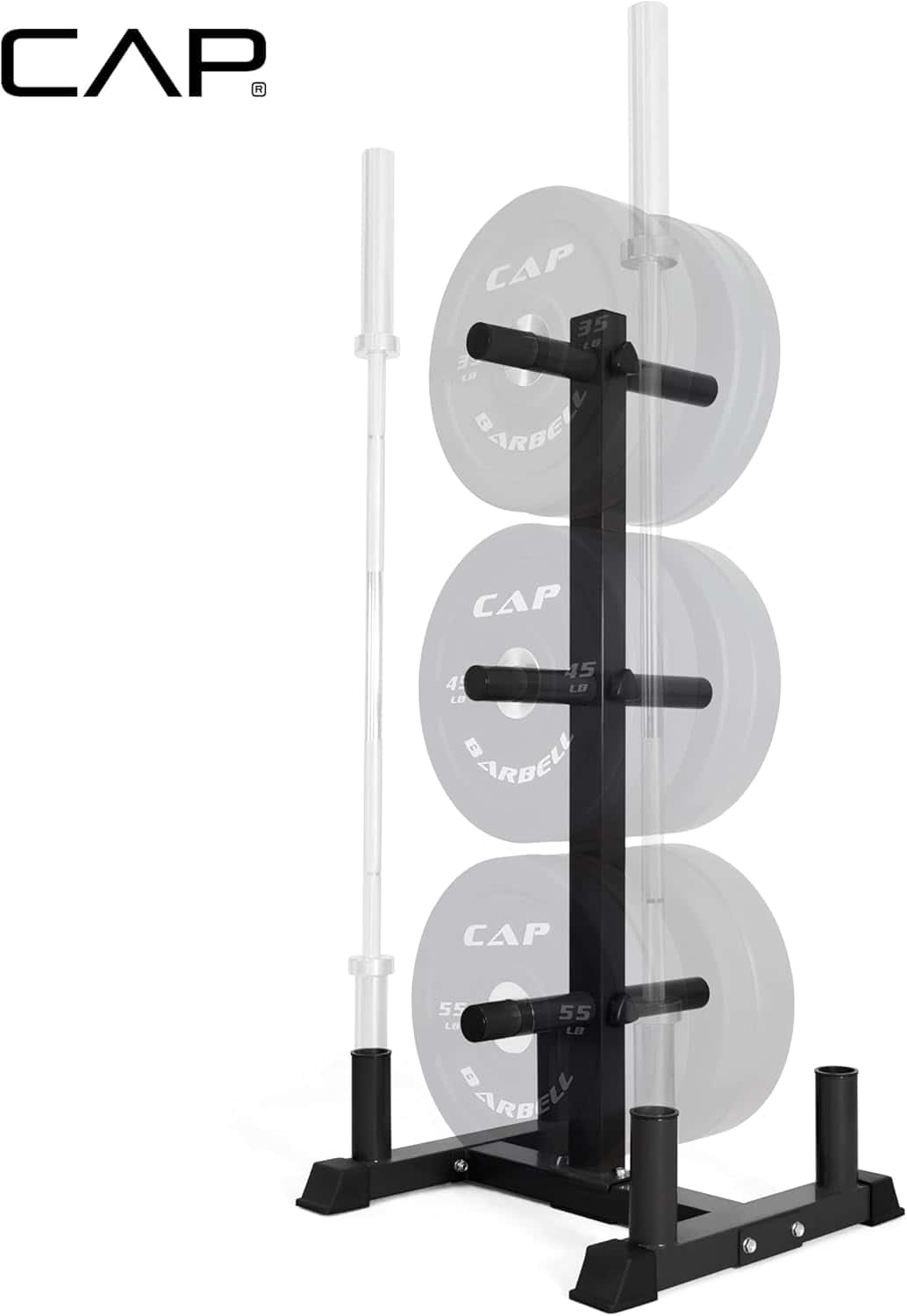 Black weight rack with CAP branded weights on a white background