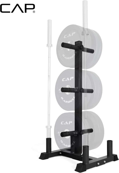 Black weight rack with CAP branded weights on a white background