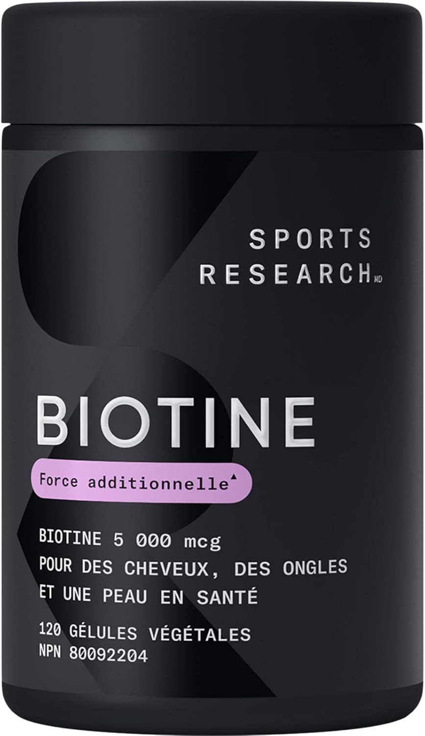 Black container of Sports Research Biotine supplement with text on a white background