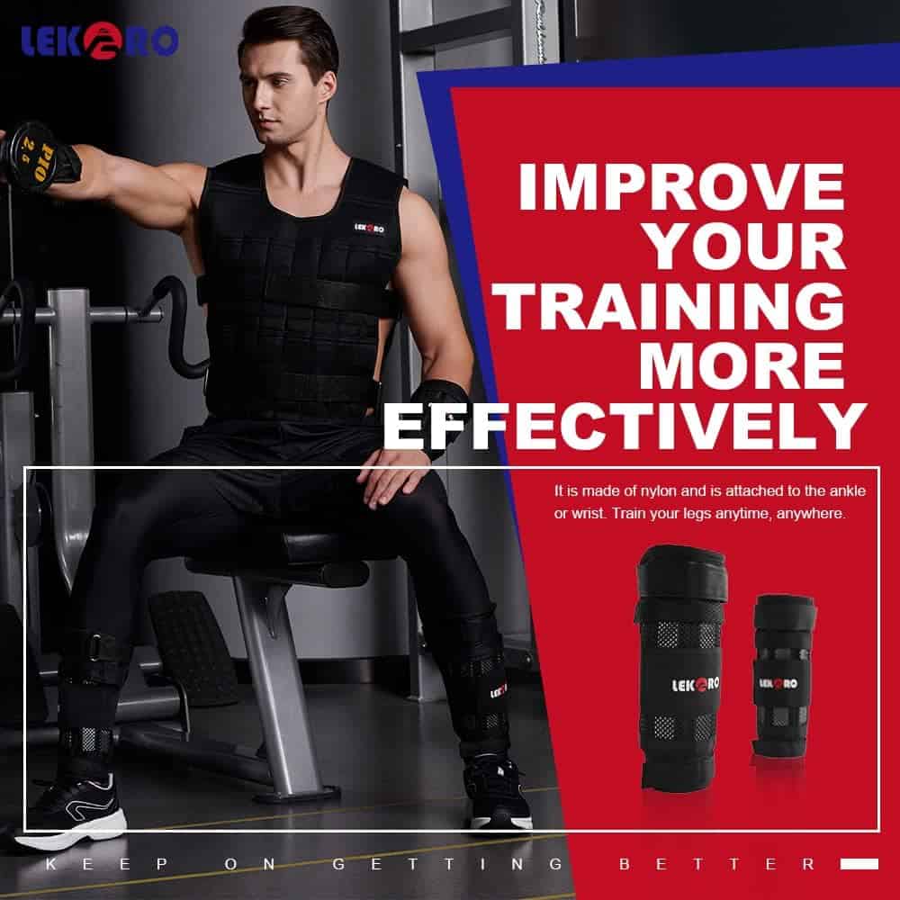 Person using a weight training machine with Lekero equipment displayed on a red background