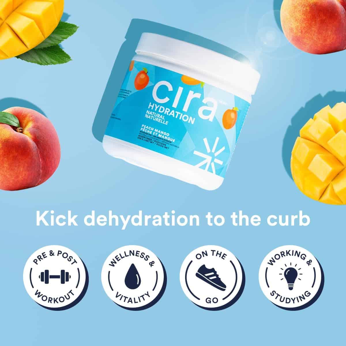 Cira Hydration container with mango and peach slices on a blue background