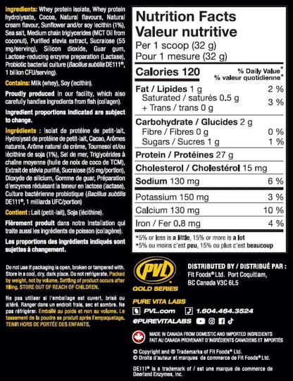 Nutrition facts label for a protein product with PVL logo