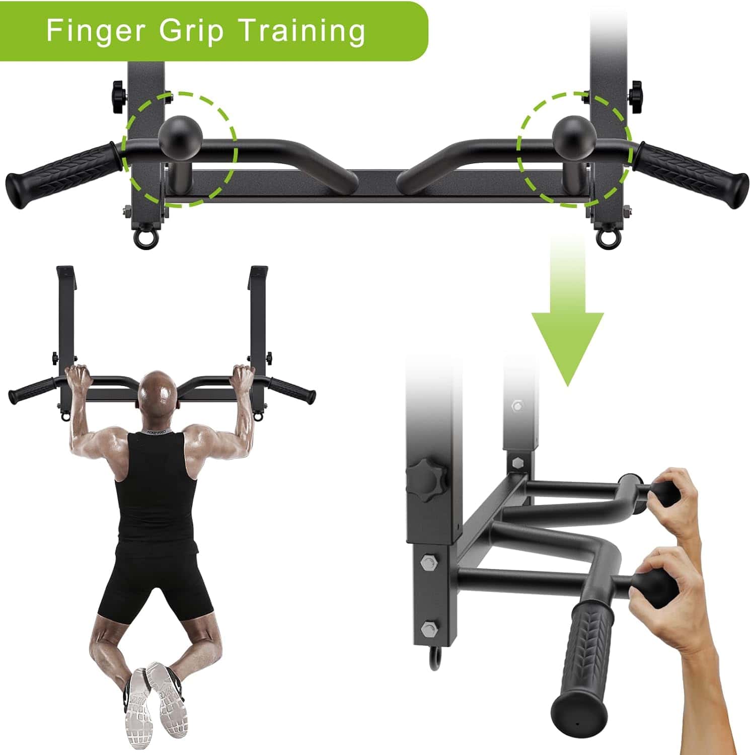 Finger grip training device with a person using it and close-up of hands gripping handles.