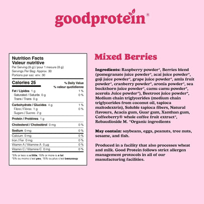 Good Protein Mixed Berries supplement packaging with nutrition facts and ingredient list on a pink background.