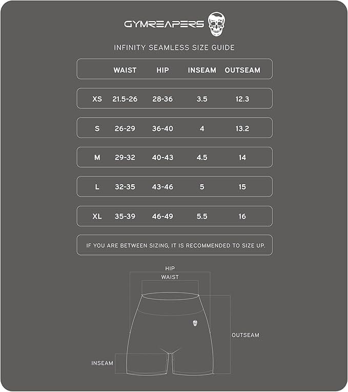 Gymreapers size guide for infinity seamless shorts on a gray background
