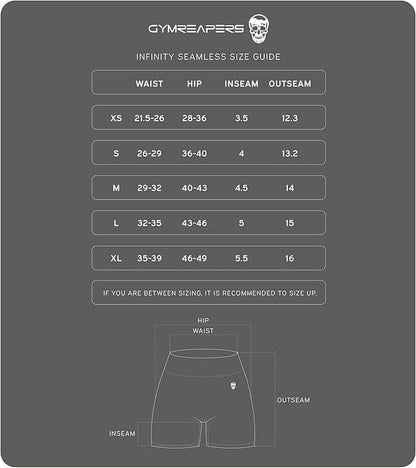 Gymreapers size guide for infinity seamless shorts on a gray background