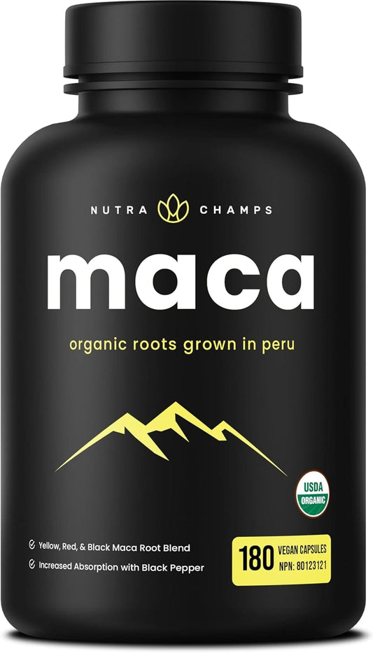 Black supplement bottle labeled 'maca' with branding and product details on a white background
