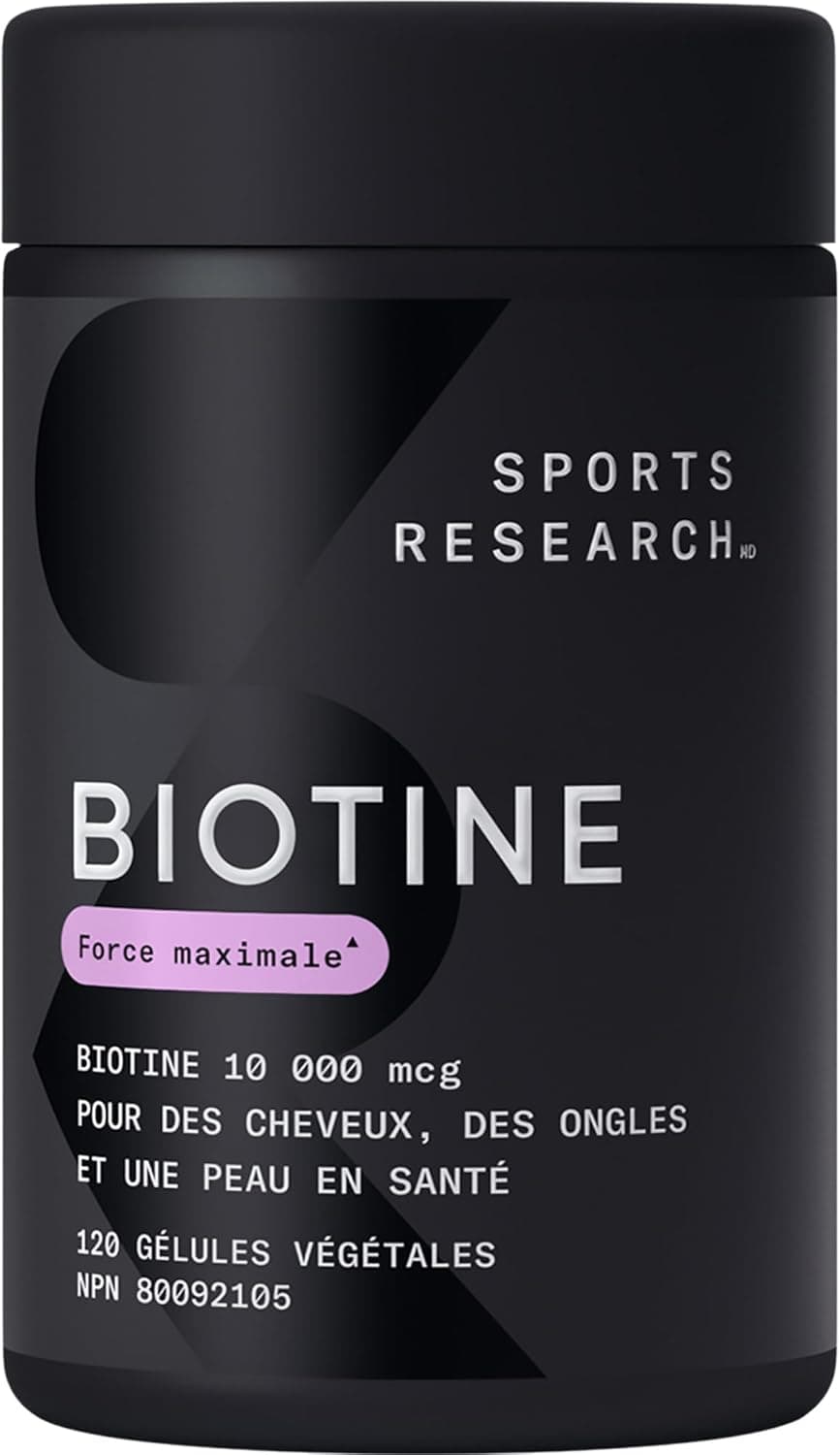 Black container of Sports Research Biotine supplement with text on a black background