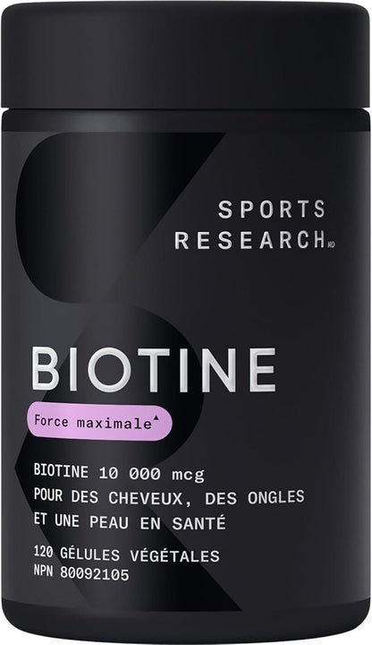 Black container of Sports Research Biotine supplement with text on a black background