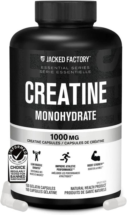 Jacked Factory Creatine Monohydrate Capsules – 1000mg Per Capsule | Muscle Growth, Strength & Performance | 150 Pills | Canadian-Owned Workout Supplement Jacked Factory
