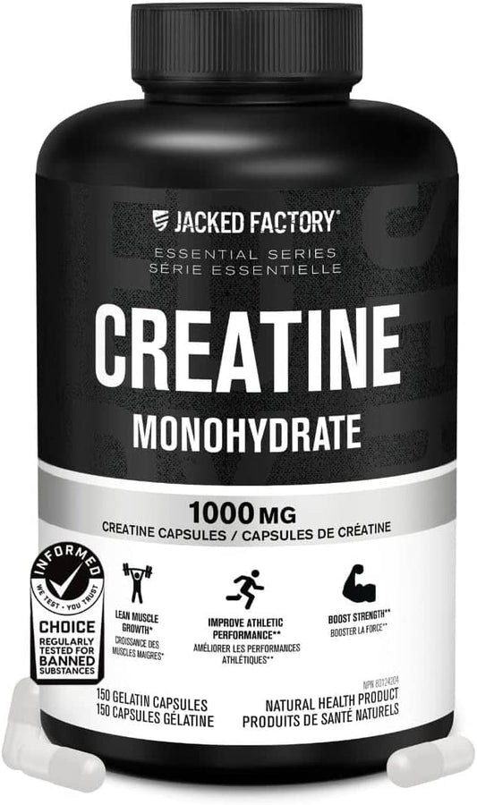 Jacked Factory Creatine Monohydrate Capsules – 1000mg Per Capsule | Muscle Growth, Strength & Performance | 150 Pills | Canadian-Owned Workout Supplement Jacked Factory