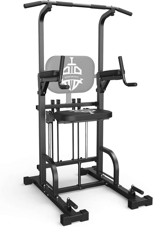 Black pull-up bar and weight rack with a brand logo on a white background