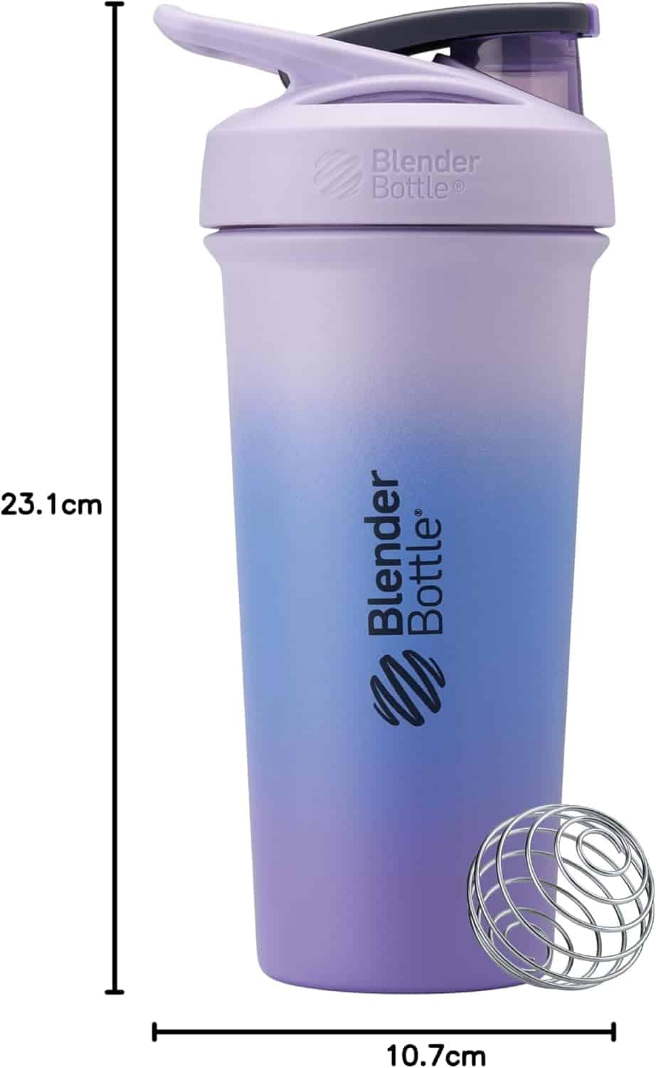 Gradient purple to blue BlenderBottle with measurements and a ball attachment.