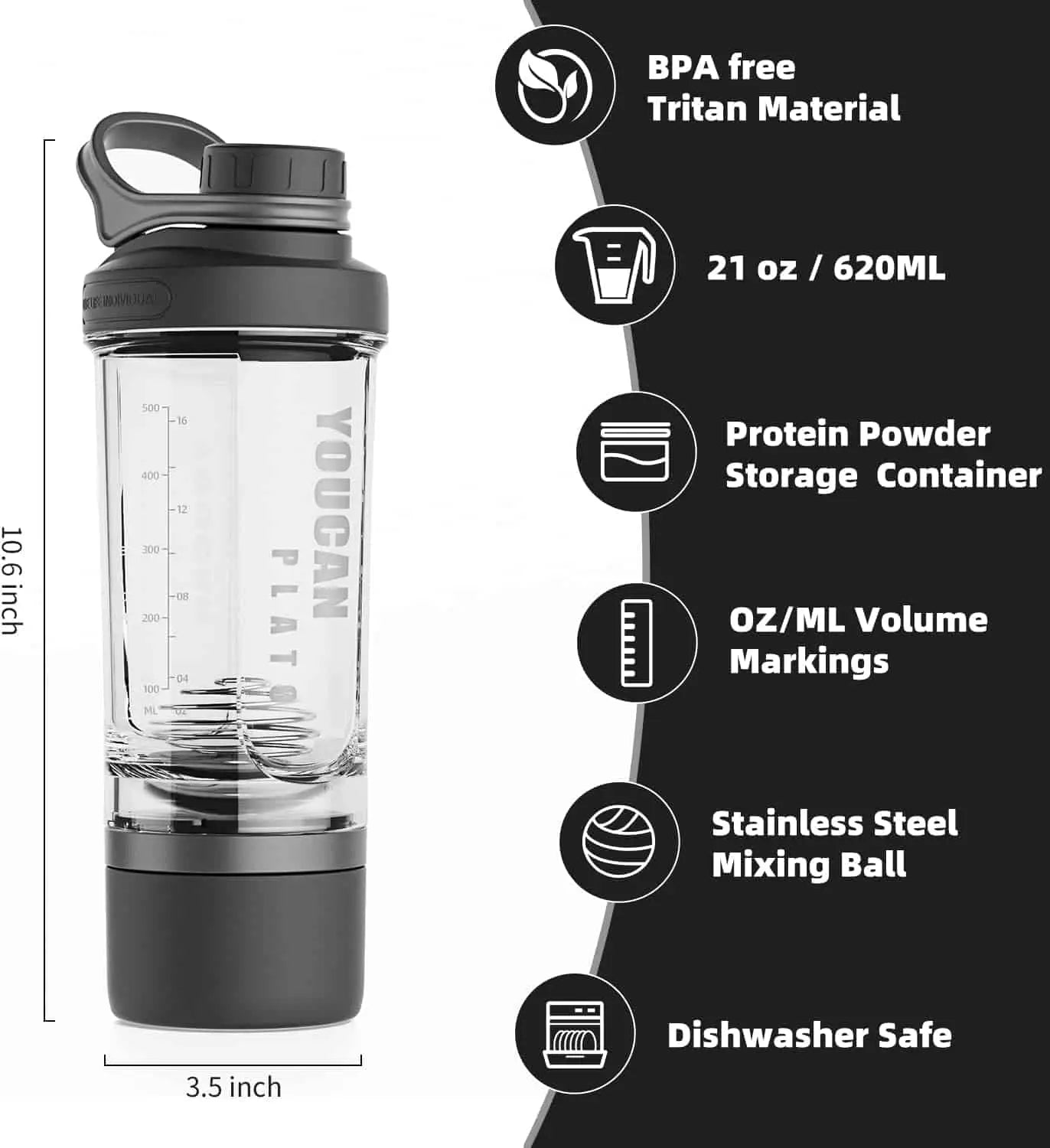 21oz Protein Shaker Bottle with Powder & Pill Storage | BPA-Free Tritan, Wire Whisk Ball – Leak-Proof & Travel Ready