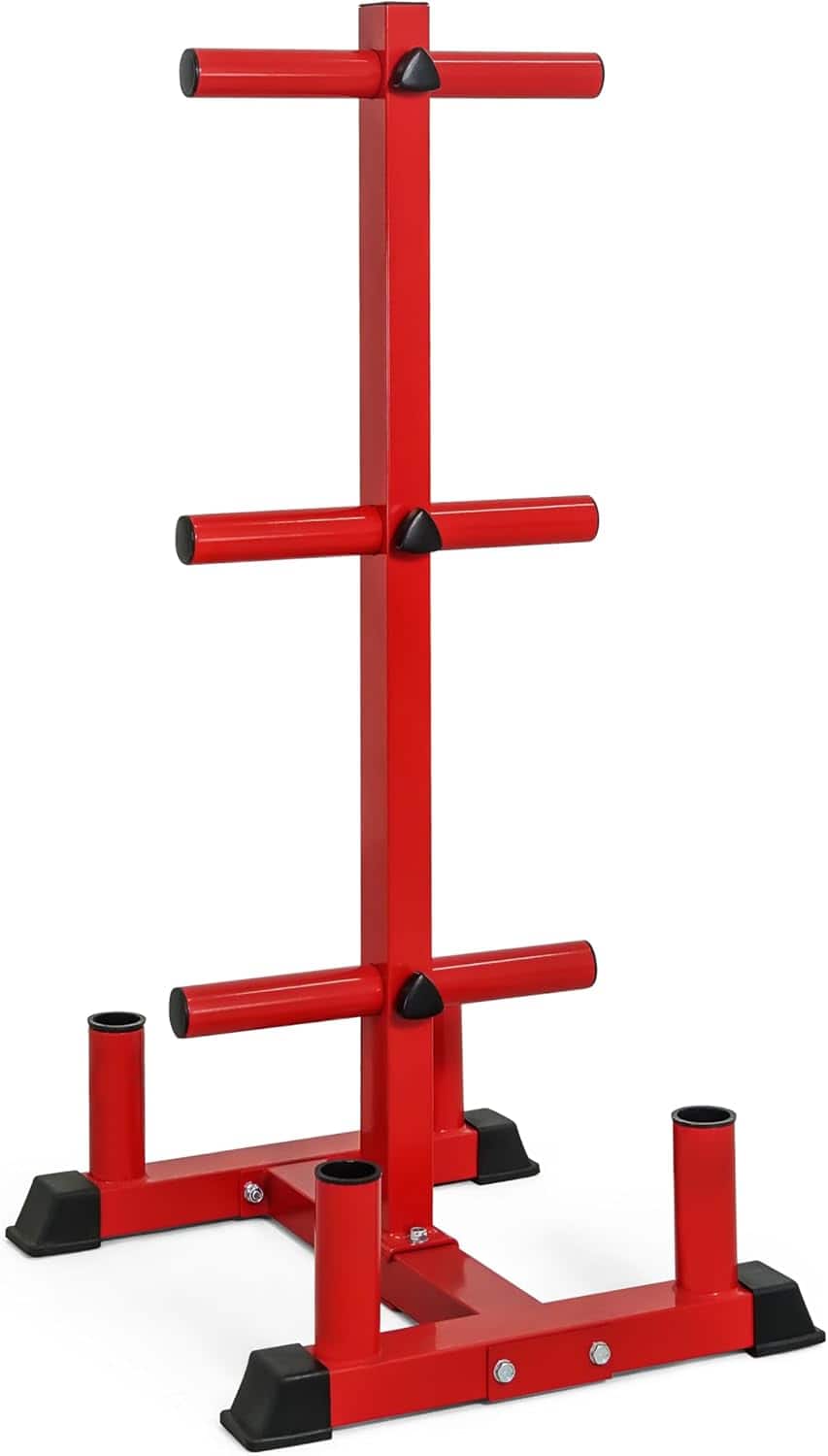 Red metal stand with black feet on a white background