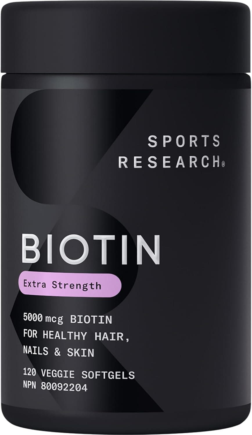 Black container of Sports Research Biotin supplement with text on a black background