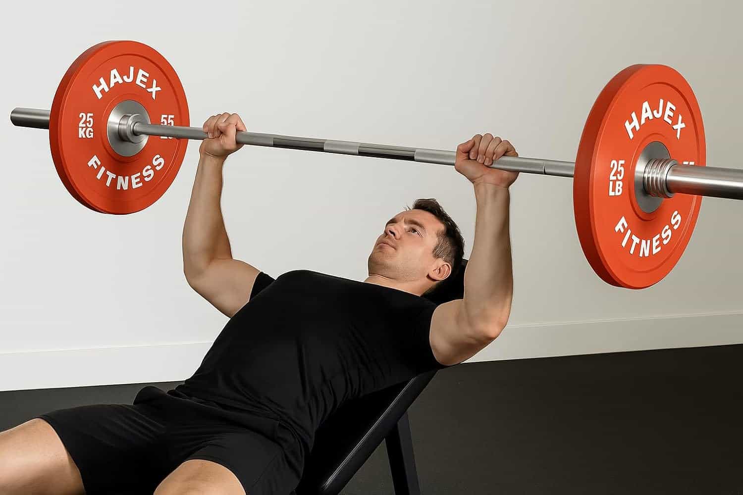 Person performing a bench press with a barbell featuring red plates labeled 'Hajex Fitness' on a white background.