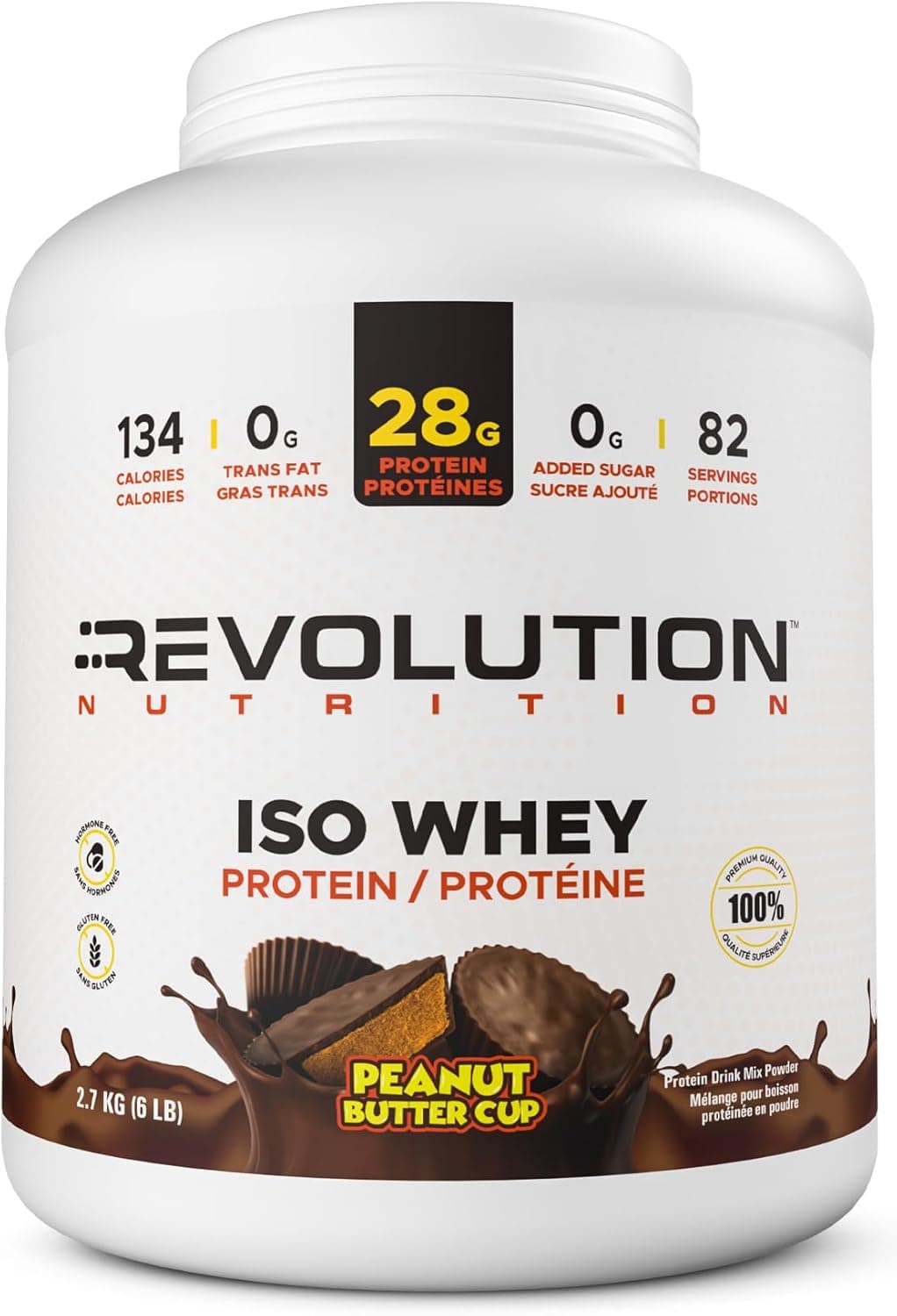 Protein powder container with 'Revolution Nutrition' branding on a white background