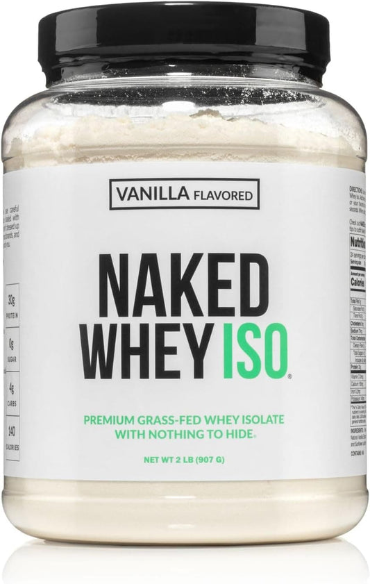 Naked Whey ISO protein powder jar with vanilla flavor on a white background