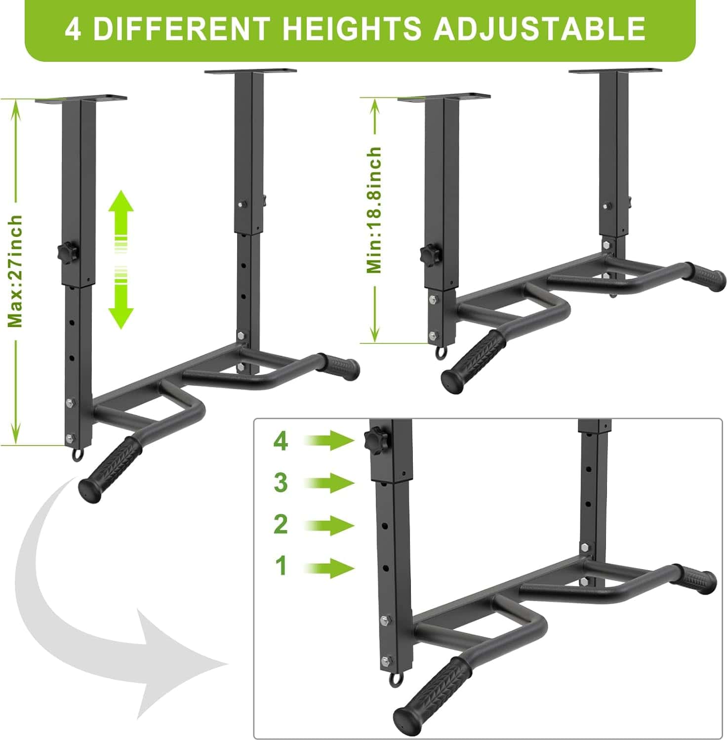 Adjustable height power rack with measurement details on a white background