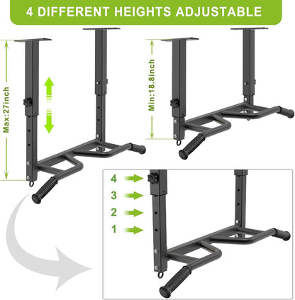 Adjustable height power rack with measurement details on a white background