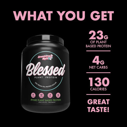 Black protein supplement container with 'Blessed' branding on a black background, displaying nutritional information.