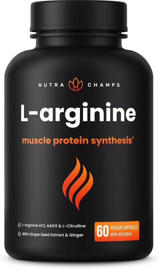 L Arginine Supplement with L-Citrulline – 5-in-1 Nitric Oxide Booster with Grape Seed & Ginger for Blood Flow, Energy & Heart Health – 60 Vegan Capsules by NutraChamps NutraChamps