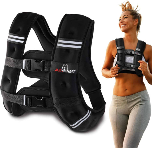 Black weight vest with 'ArtStaff' branding on a white background, next to a woman wearing the vest.