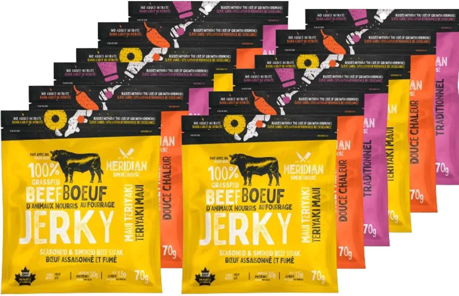 Meridian Smokehouse Grass-Fed Beef Jerky – Variety Pack of 6, Made in Canada – 3 Flavours: Sweet Heat, Maui Teriyaki & Traditional – High Protein, Gluten-Free Snack Meridian Smokehouse