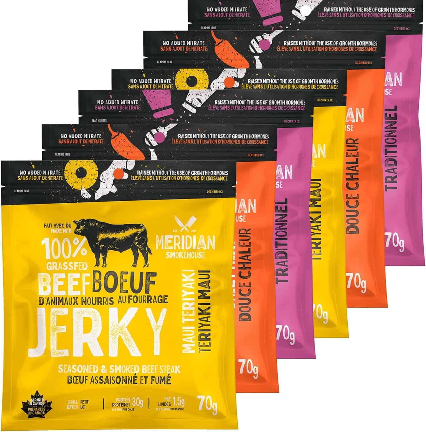 Meridian Smokehouse Grass-Fed Beef Jerky – Variety Pack of 6, Made in Canada – 3 Flavours: Sweet Heat, Maui Teriyaki & Traditional – High Protein, Gluten-Free Snack Meridian Smokehouse