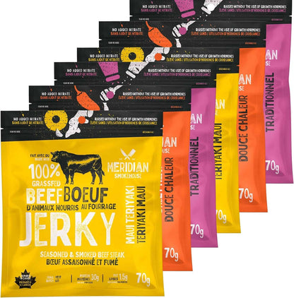 Meridian Smokehouse Grass-Fed Beef Jerky – Variety Pack of 6, Made in Canada – 3 Flavours: Sweet Heat, Maui Teriyaki & Traditional – High Protein, Gluten-Free Snack Meridian Smokehouse