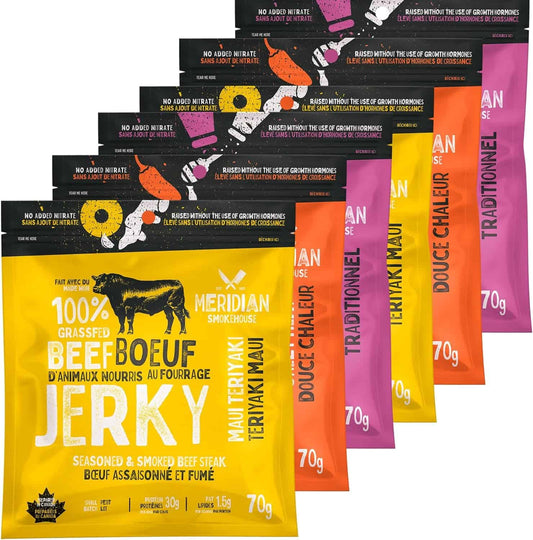 Meridian Smokehouse Grass-Fed Beef Jerky – Variety Pack of 6, Made in Canada – 3 Flavours: Sweet Heat, Maui Teriyaki & Traditional – High Protein, Gluten-Free Snack Meridian Smokehouse