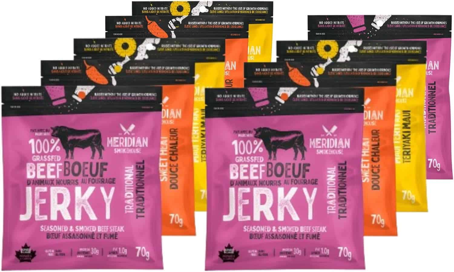 Meridian Smokehouse Grass-Fed Beef Jerky – Variety Pack of 6, Made in Canada – 3 Flavours: Sweet Heat, Maui Teriyaki & Traditional – High Protein, Gluten-Free Snack Meridian Smokehouse