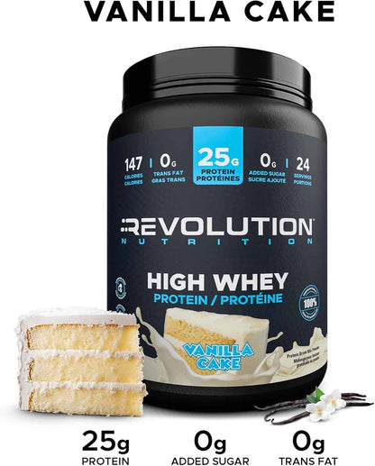 Revolution Nutrition High Whey Protein Vanilla Cake flavor container with vanilla cake illustration and nutritional information.