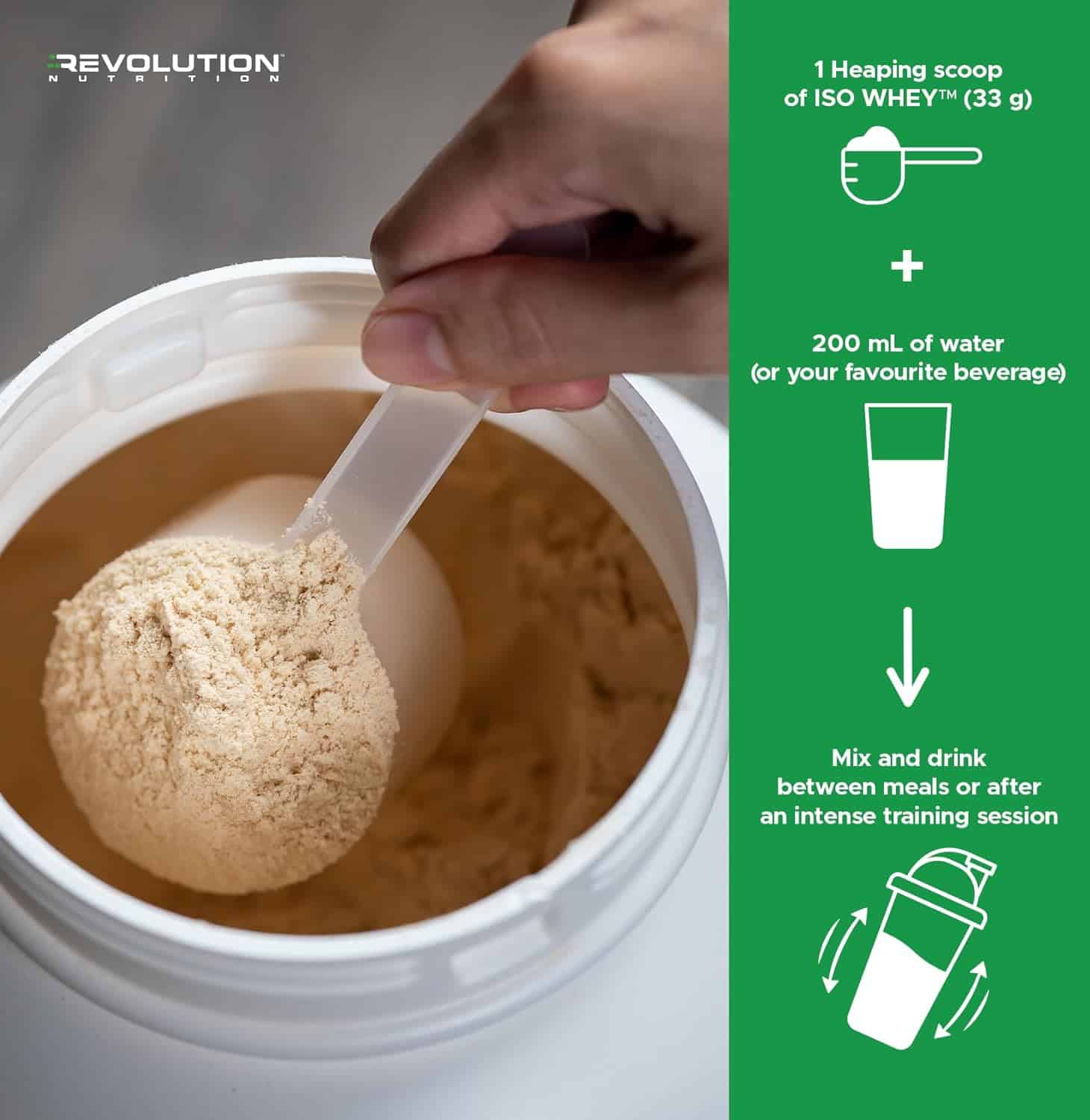 Spoonful of protein powder being added to a container with Revolution Nutrition branding.